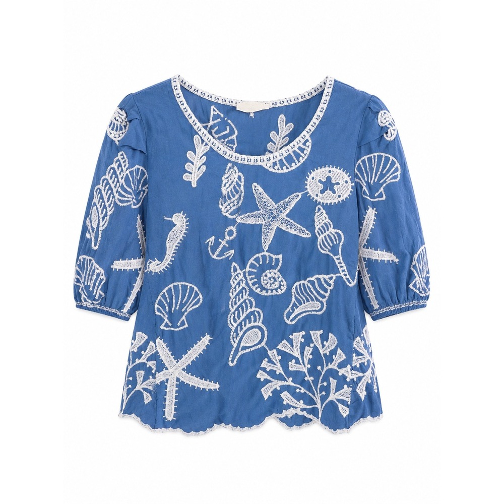 Anthropologie Solitaire Blue Embroidered Coastal Nautical Shell Starfish Top M